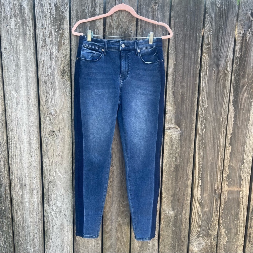 Colleen Lopez / Side-Stripe Skinny Jeans Light Denim Dark Blue Stripe / Size 10